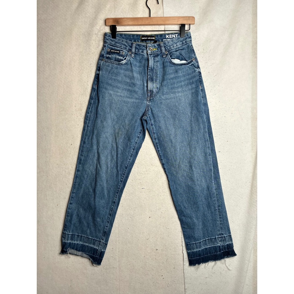 DKNY Jeans Kent High Rise Straight‎ Leg Blue Denim Raw Hem 26x27